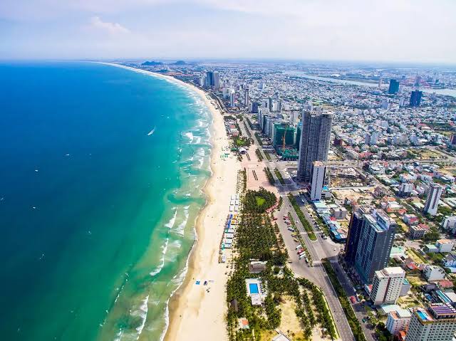 My Khe Beach with the Da Nang city skyline behind it