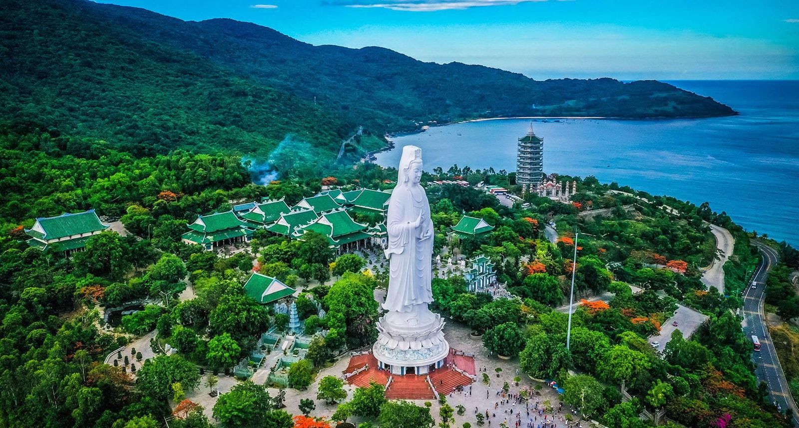 The white Lady Buddha statue at Linh Ung Pagoda on the Son Tra peninsula, looking over Da Nang bay