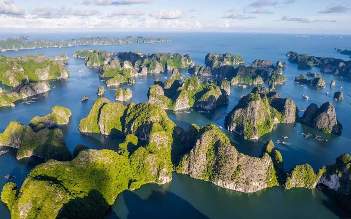 Aerial view of limestone islands in Ha Long Bay