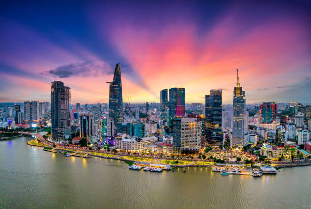 The Ho Chi Minh City skyline and Saigon River at sunset