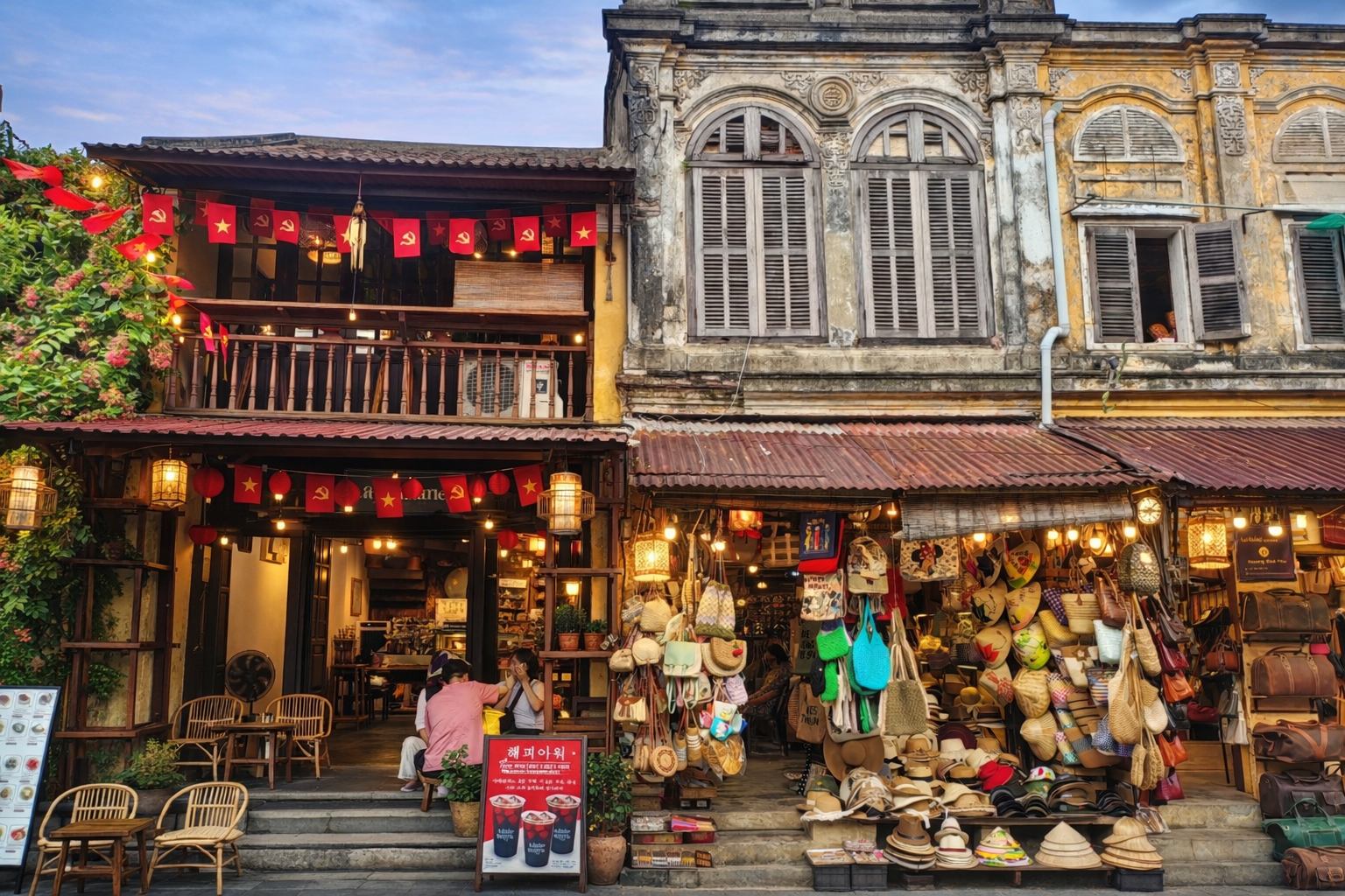Souvenir shops and cafés on a street in Hoi An old town