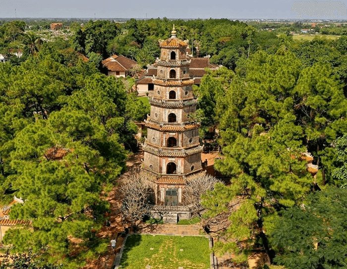 Thien Mu Pagoda's seven-tiered tower above the Perfume River, Hue