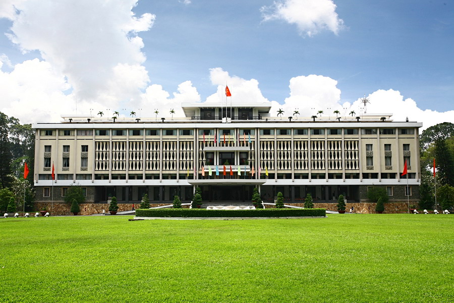 The front of Independence Palace (Reunification Palace) in Ho Chi Minh City with its lawn and fountain