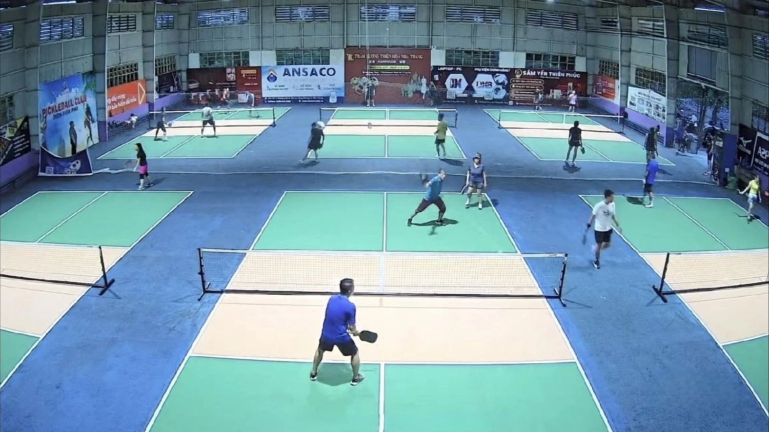 Two players on a pickleball court in Nha Trang with palm trees and blue sky behind them