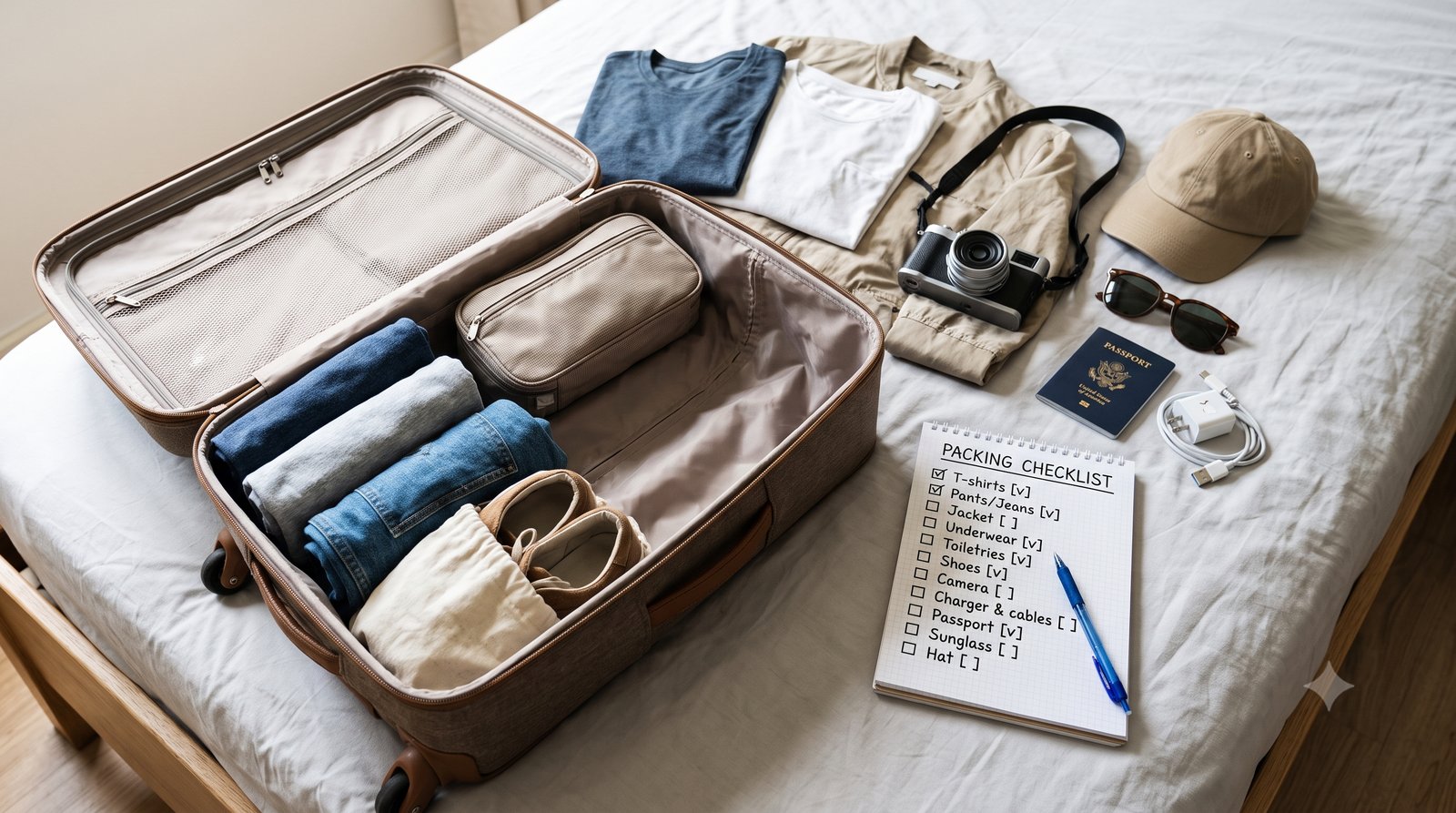 An open suitcase with neatly packed clothes and a paper checklist beside it