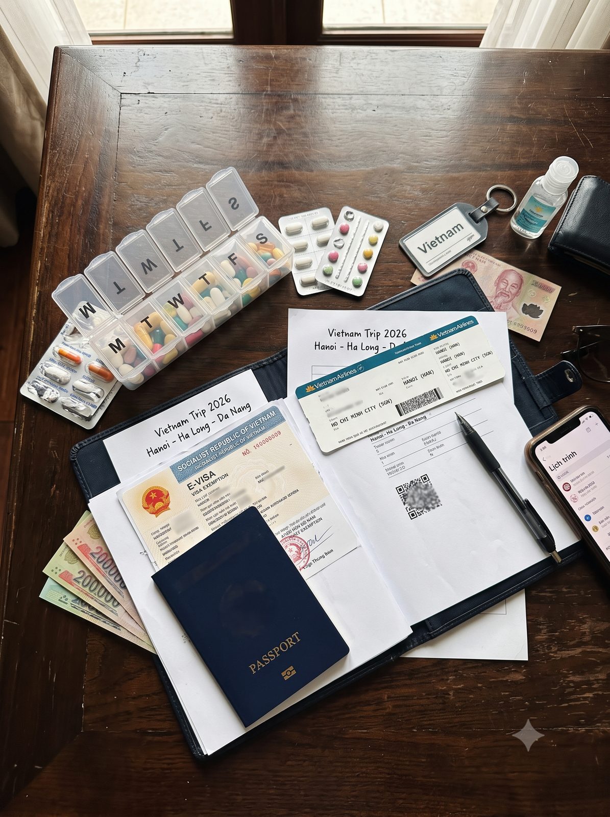 A passport and boarding pass on a table, ready for a trip to Vietnam