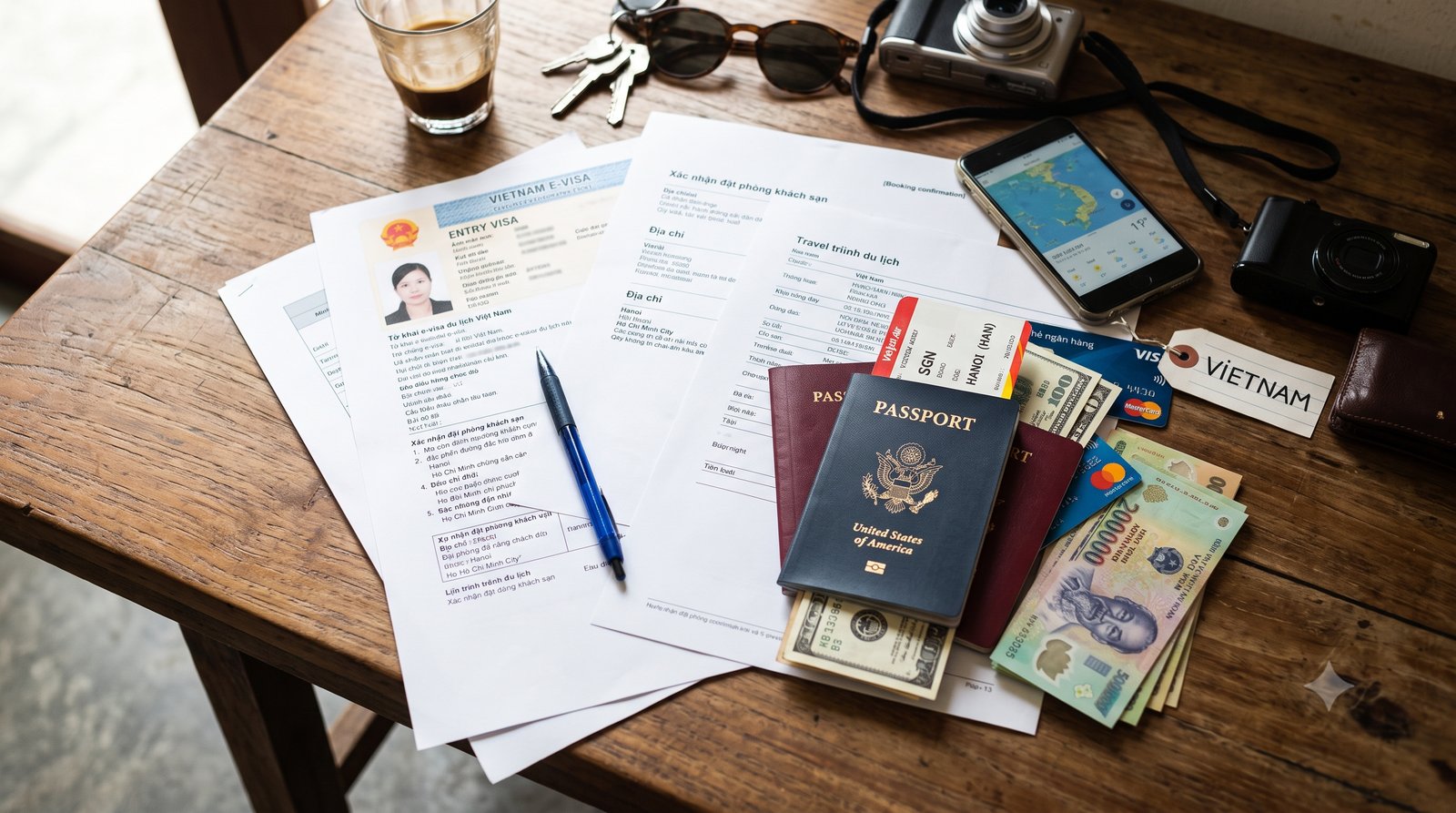 A passport, printed travel documents and a credit card laid out on a table