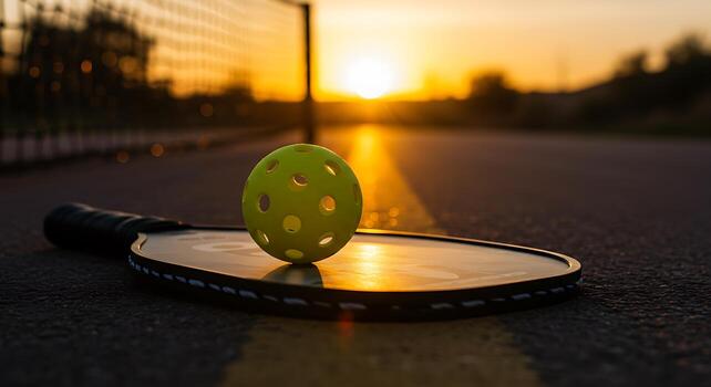 A pickleball paddle and ball on a court at sunrise