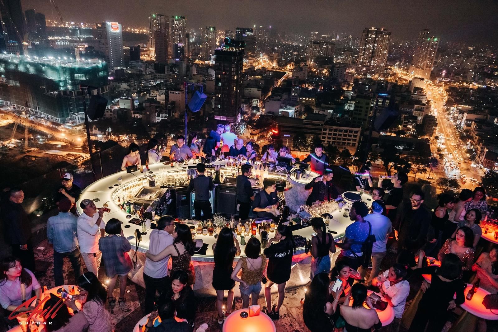 A rooftop bar above District 1 in Ho Chi Minh City at night