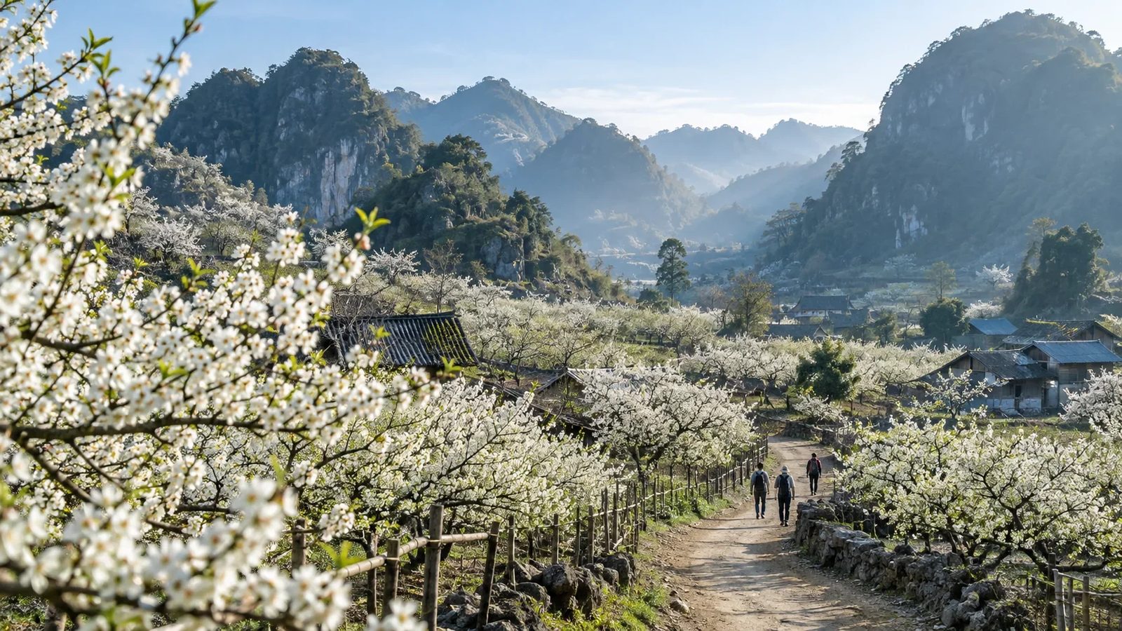 White plum blossom in front of terraced hillsides near Sapa in February