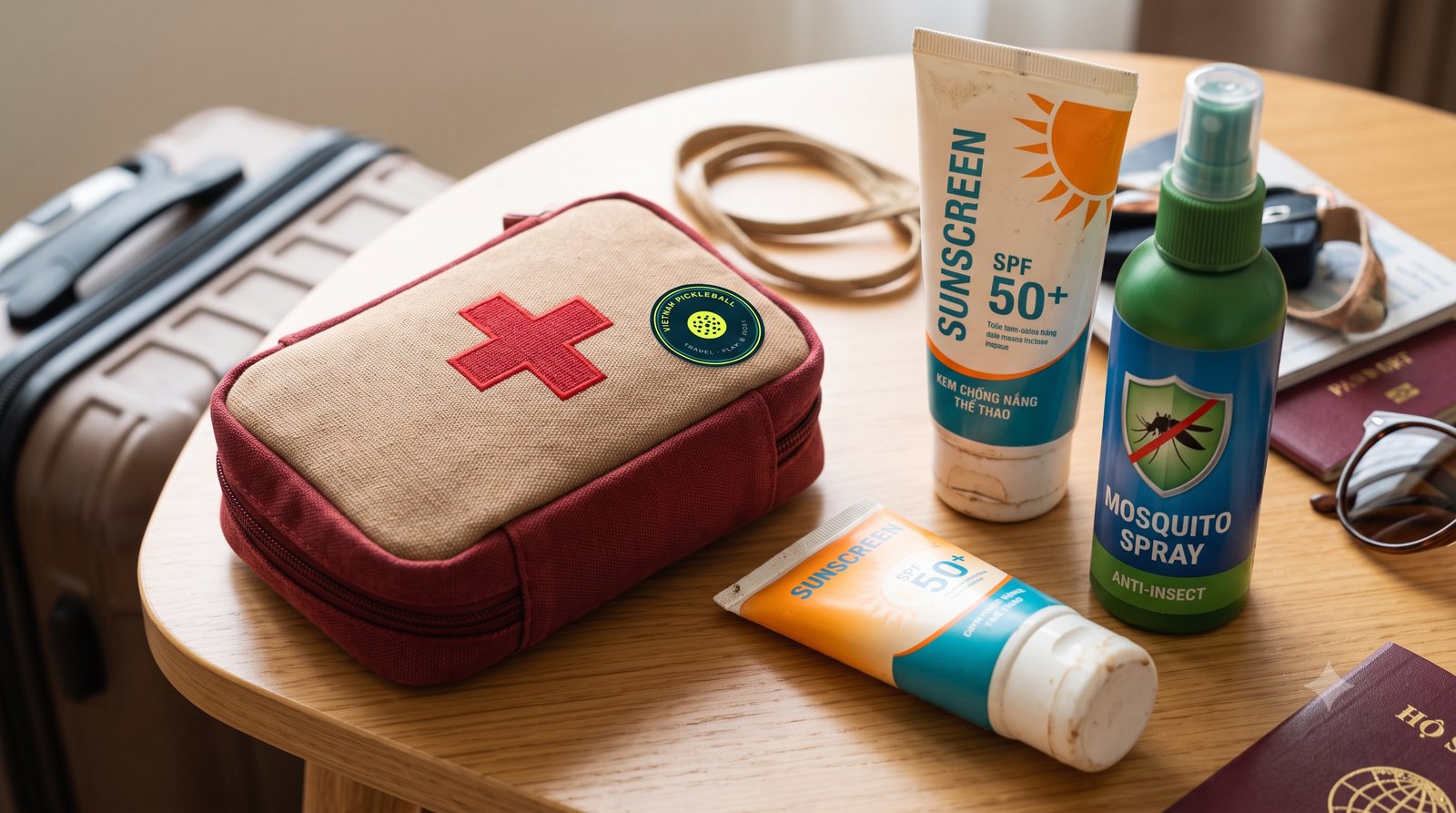 Sunscreen, insect repellent and a small first aid kit packed in a travel pouch