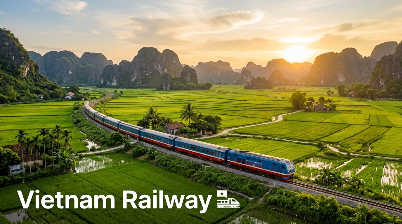 A passenger train passing through bright green rice fields in the countryside
