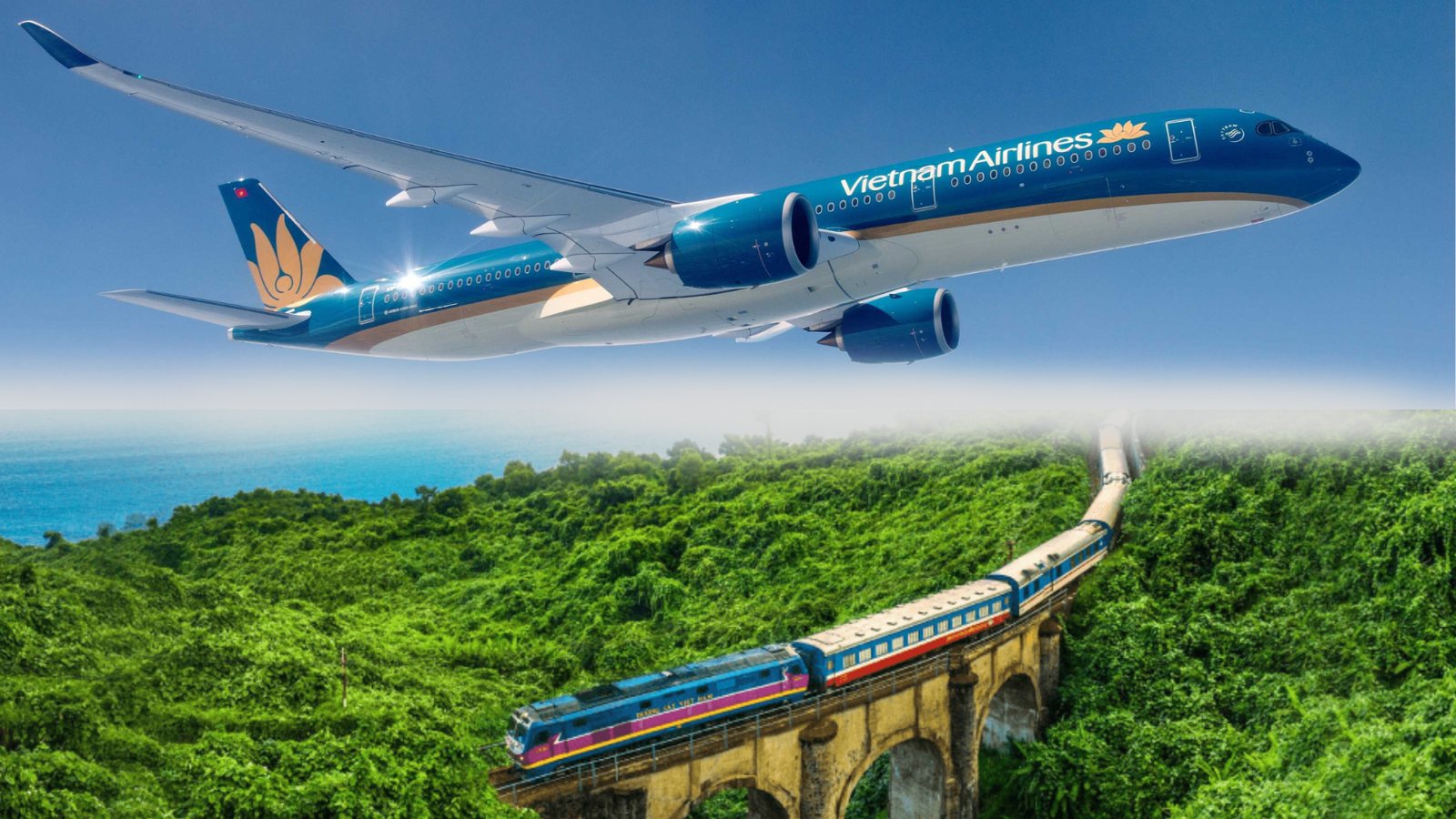 A Vietnam Airlines plane at the gate and a passenger train in Vietnam