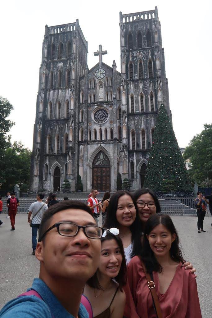 Selfie with guests in front of St Joseph's Cathedral in Hanoi