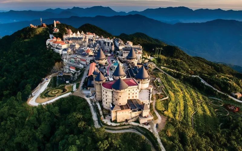 The French Village and castle atop Ba Na Hills near Da Nang at sunset
