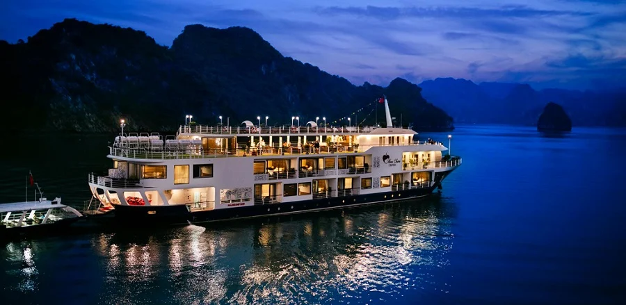 Overnight cruise boat among the karst islands of Ha Long Bay