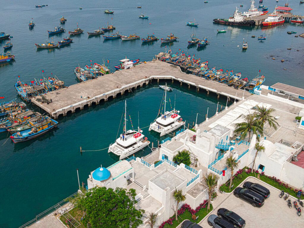 Fishing boats and a white marina on the Son Tra Peninsula, Da Nang